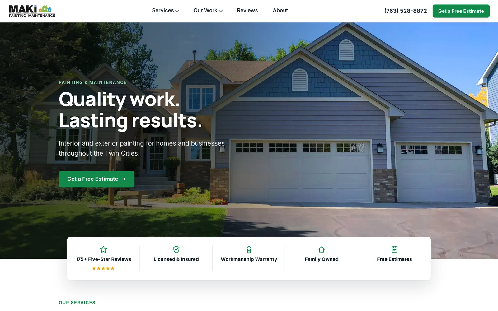 The Maki Painting website on desktop, designed and built by Northern Pine Marketing